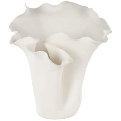 Ceramic Abstract Floral Inspired Vase with Wavy Folded Rim - White or Black - Roche River Decor