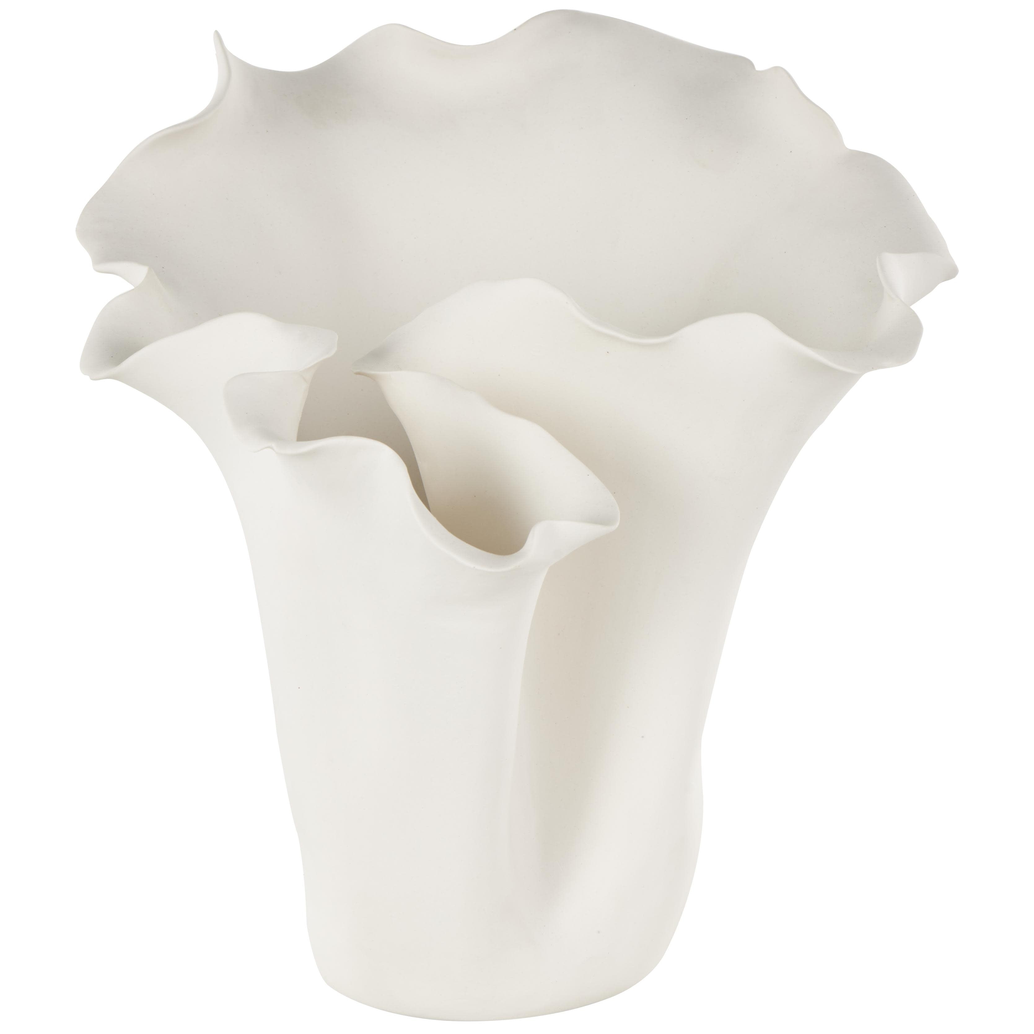 Ceramic Abstract Floral Inspired Vase with Wavy Folded Rim - White or Black - Roche River Decor