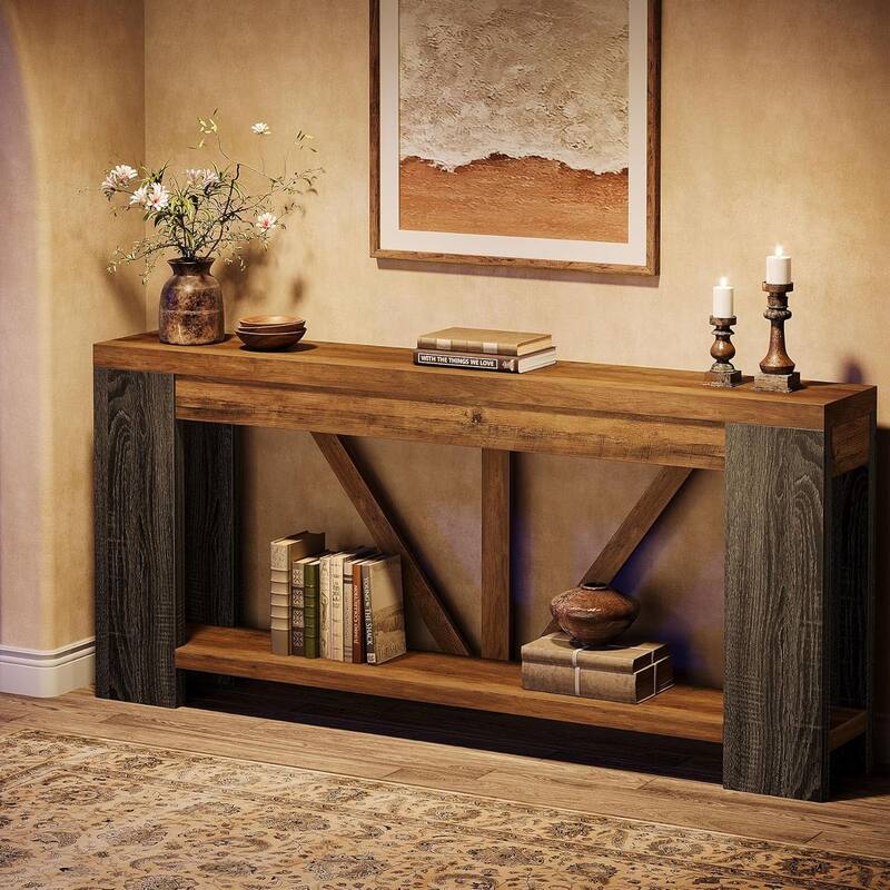 70.9 Inches Brown Engineered Wood Console Table, 2-Tier Behind Couch Sofa Table for Living Room