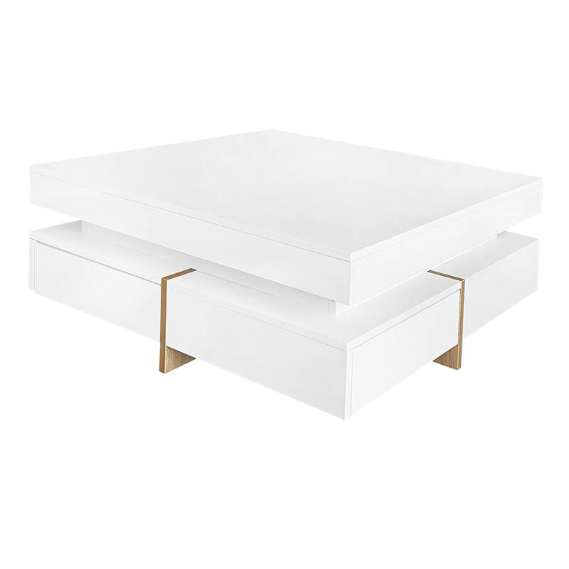 Modern High Gloss Coffee Table With 4 Drawers, Multi-Storage Square Cocktail Tea Table With Wood Grain Legs, Center Table