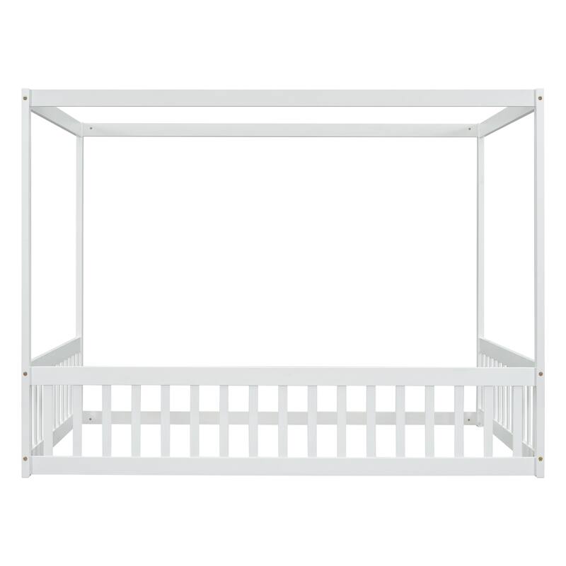 Canopy Frame Floor Bed with Fence and Guardrails