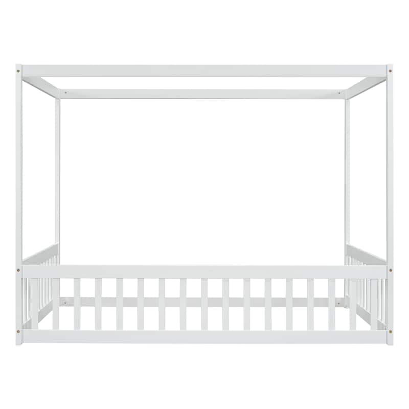 Roomfitters Full Canopy Frame Floor Bed, Rubber Wood Platform with Guardrails and Low-Profile Design, White
