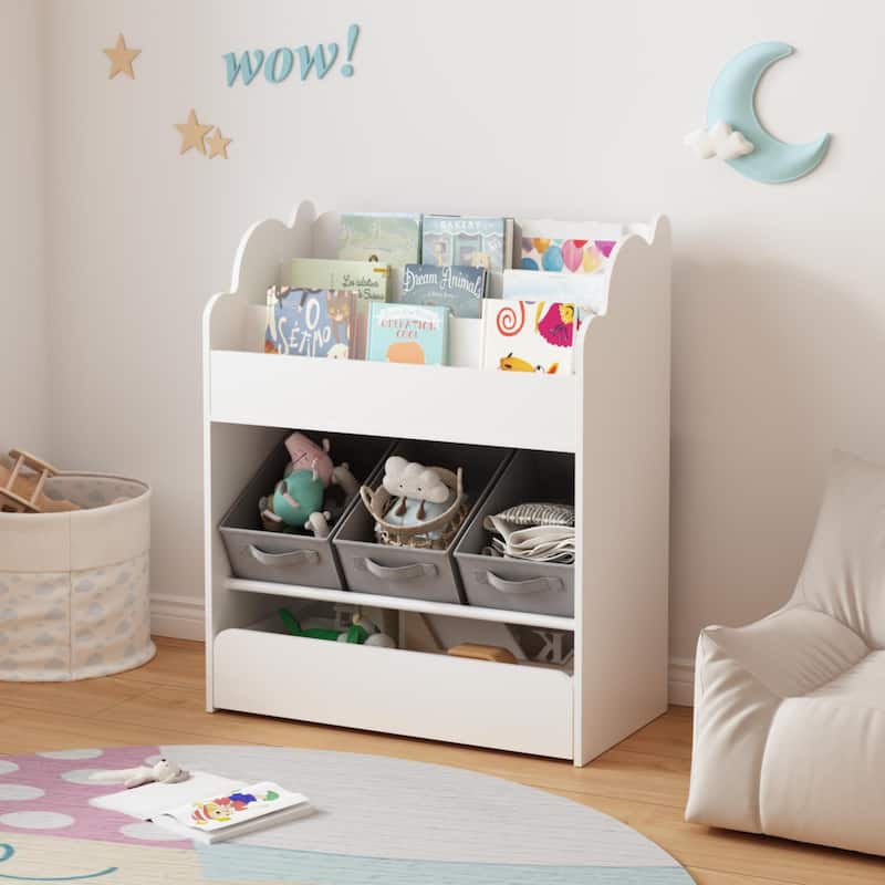 Kids Bookshelf with Storage Bins and Drawer,Multi-Functional Wooden Book Organizer for Toddlers,White Bookcase for Toys, Books