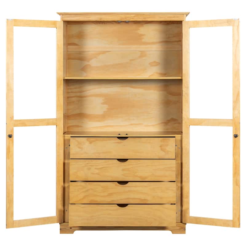 Pantry Cabinet with Glass Door, 2 Shelves & 4 Built-in Drawers, Kitchen Pantry Storage Cabinet, Freestanding Kitchen Cupboard