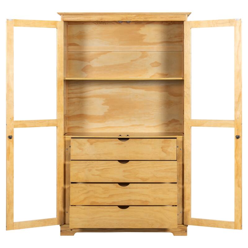 Roomfitters 75" Kitchen Pantry, Freestanding Storage Cabinet Display Cabinet with Glass Doors and 4 Drawers