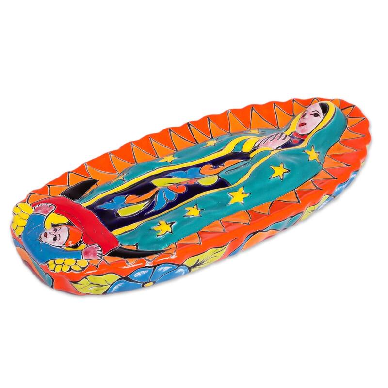 Handmade Talavera Guadalupe In Orange Ceramic Wall Sculpture (Mexico)