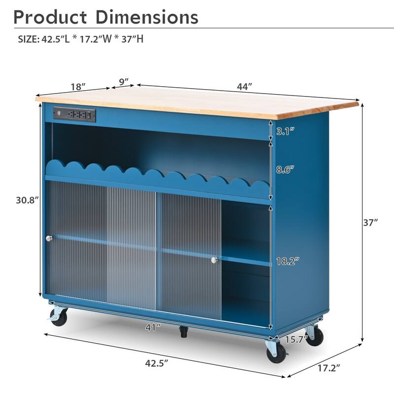 44 in. Rubber Wood Drop-Leaf Countertop Kitchen Island on 5 Wheels with Open Shelf and Wine Rack