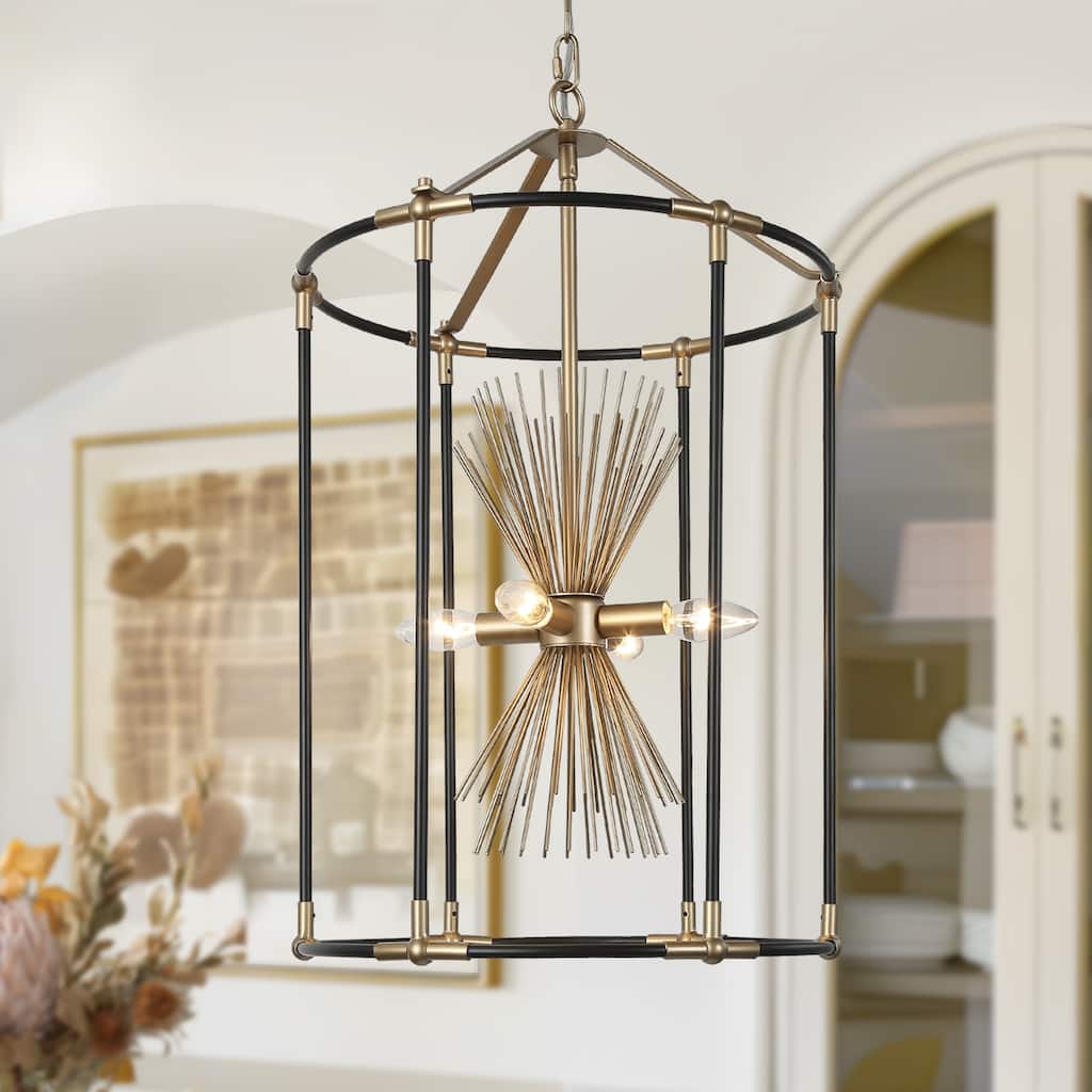Modern Farmhouse 4-Light Black Gold Starburst Chandelier Cage Pendant Light for Dining Room