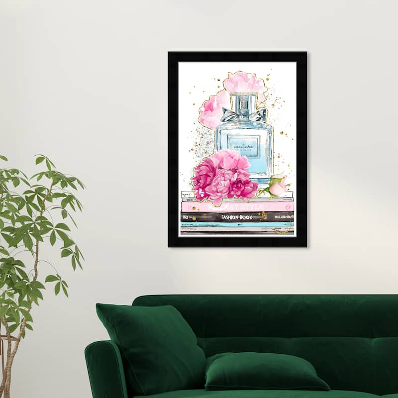 Wynwood Studio Prints Fashion and Glam Her Favorite Pastel Flowers and Perfume Pink and Metallic Gold Glam Wall Art Canvas Print - Black