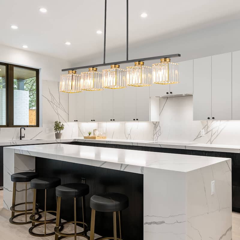 Modern Kitchen Island Lighting 5 Light Linear Chandelier with Crystal Shade - Multi - W 39.37"