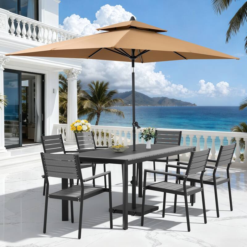 9-PCOutdoor Patio Dining Set Wood Like Aluminum Umbrella Hole Table with Stackable Armchairs, Market Umbrella and Wheel Base - GreyTable&GreyChairs&TanUmbrella