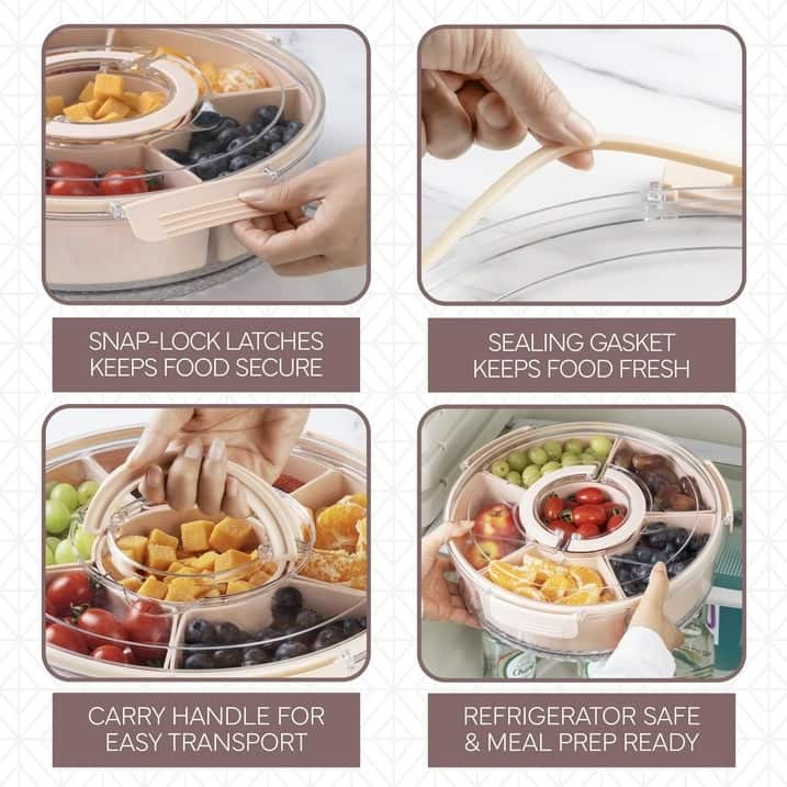 COOK WITH COLOR Round Snackle Box – 6-Compartment Serving Tray with Lid and Handle,Kids Lunch Box & Meal Prep Snack Container