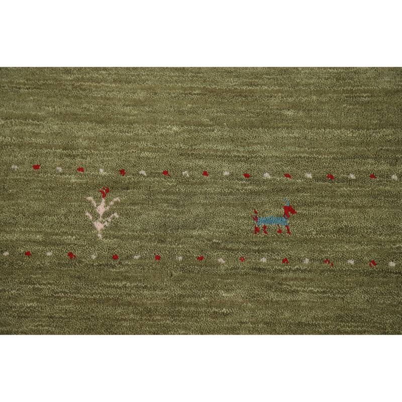 Green Tribal Gabbeh Indian Area Rug Hand-Knotted Wool Carpet - 5'0" x 7'8"