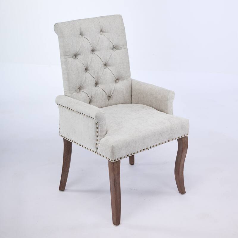 Upholstered Chenille Dining Chairs, Tufted Accent Armchairs with Curved Solid Wood Legs, Dining Room Arm Chair