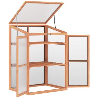 Wooden Cold Frame Small Mini Greenhouse Cabinet for Outdoor and Indoor, 30" L x 24" W x 44" H, Natural