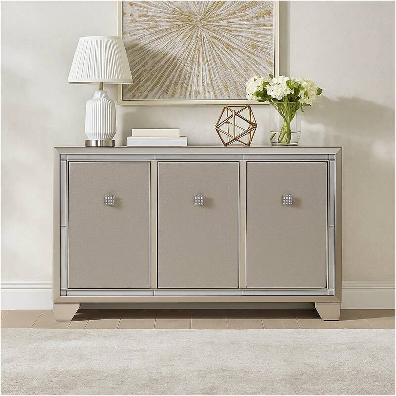 Sideboard Cabinet, Mirrored Top, 54 Inch, Adjustable Shelves, Silver