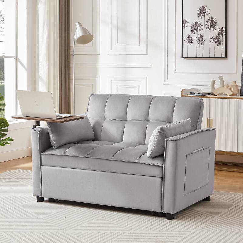 Velvet Loveseat Convertible Pull-out Sleeper Sofa Bed Futon Couches Adjustable Backrest Couch with 2 Pillow, Pockets - Grey