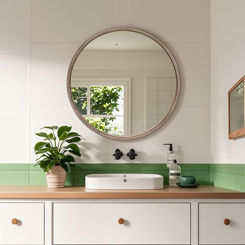 23.62" Sliding Round Wall Mirror with Storage Shelves - 2-Tier Wooden Side Cabinet, Space-Saving Hanging Mirror