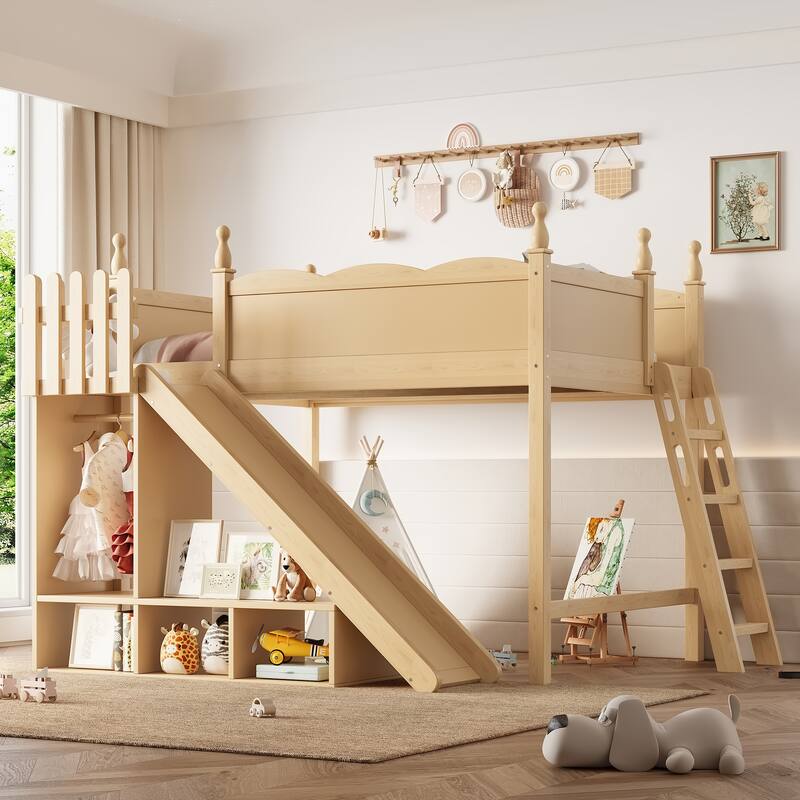 Full Loft Bed with Storage Shelves and Wardrobe, Solid Wood Loft Beds with Detachable Slide and Ladders, No Spring Box Needed