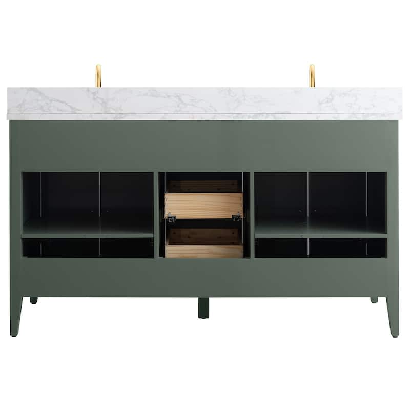 Vanity Art 60" Double Sink Bathroom Vanity Cabinet with Engineered Marble Top