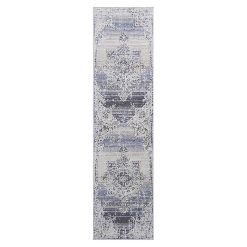 LOOM & LUXE Collection 2X8 Cream/Blue Area Rug - 96" D x 26" W x 0.28" H