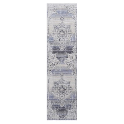 LOOM & LUXE Collection 2X8 Cream/Blue Area Rug - 96" D x 26" W x 0.28" H