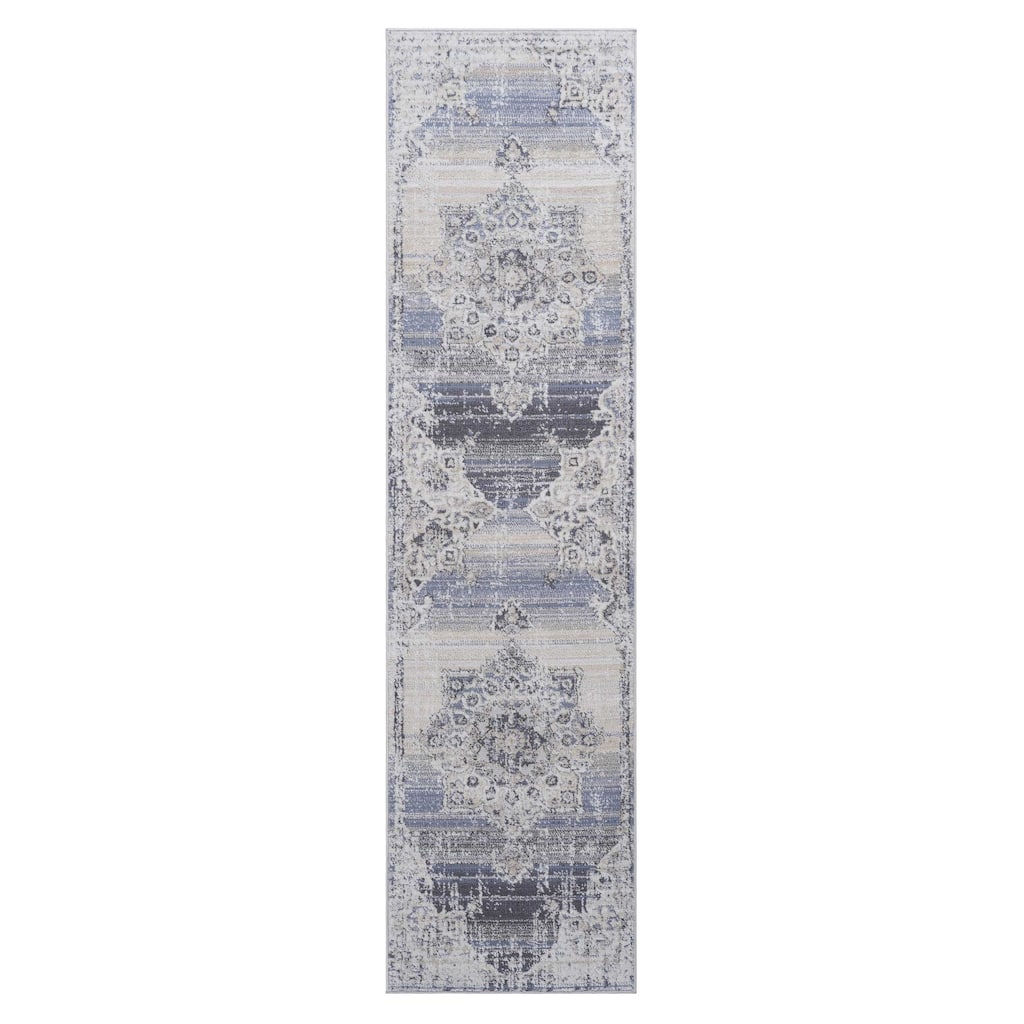 LOOM & LUXE Collection 2X8 Cream/Blue Area Rug - 96" D x 26" W x 0.28" H