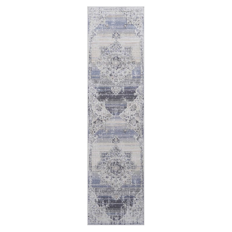 PAYAS Collection 2X8 Cream / Blue / Medallion Non-Shedding Runner Rug - 96" D x 26" W x 0.28" H