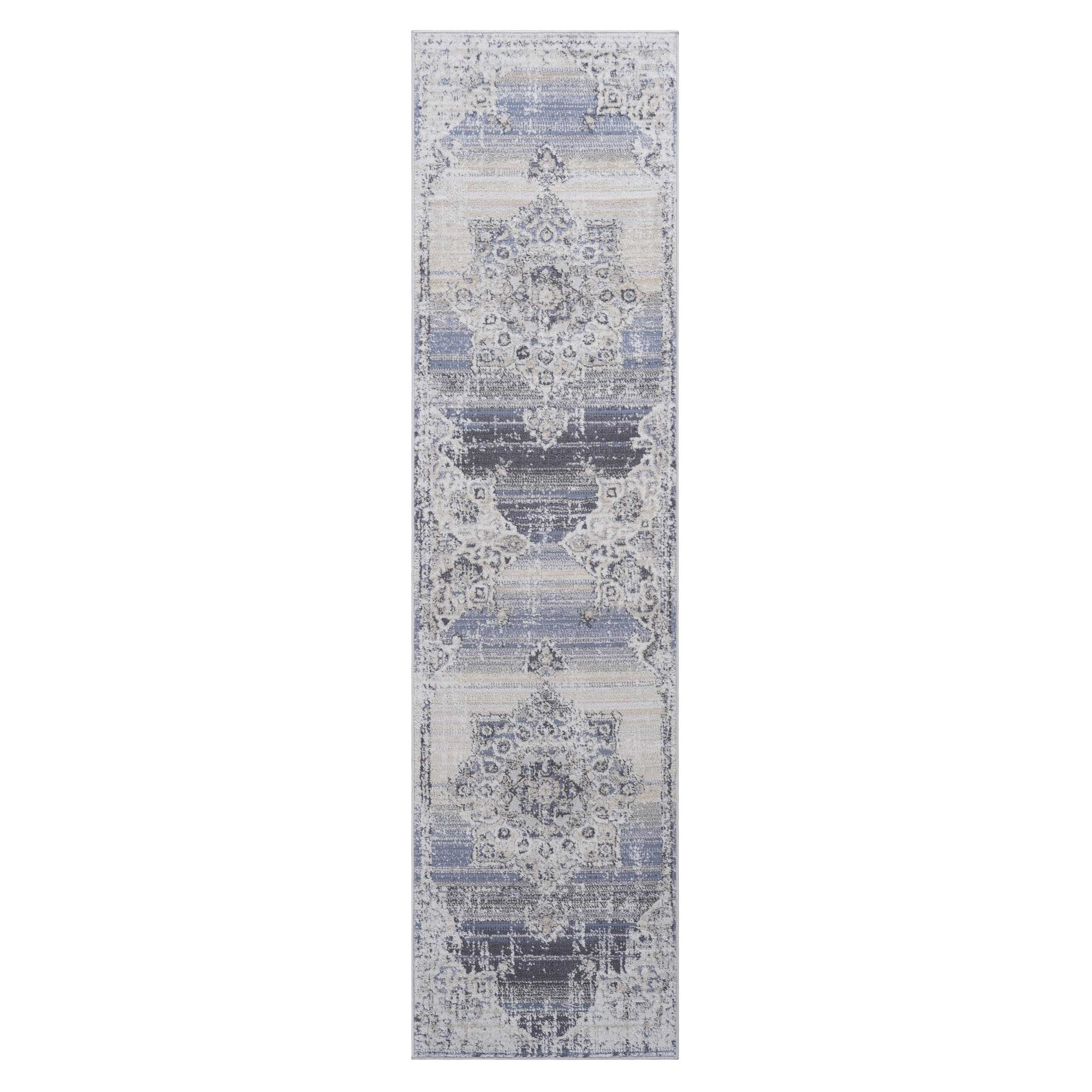 PAYAS Collection 2X8 Cream / Blue / Medallion Non-Shedding Runner Rug - 96" D x 26" W x 0.28" H