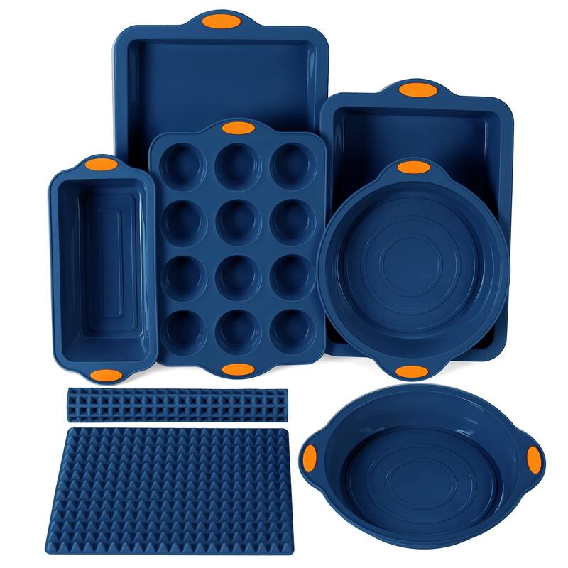 8 in 1 Silicone Baking Set - 6 Silicone Molds - 2 Silicone Baking Mat, Nonstick Cookie Sheet, Cake Muffin Bread Pan - Navy Blue