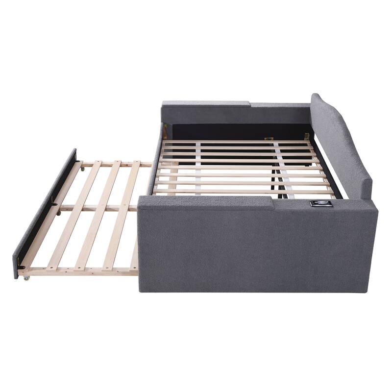 Teddy Fleece Daybed Leisure Upholstered Daybed Frame with Storage Armrest and Integrated Bluetooth Audio System and Trundle