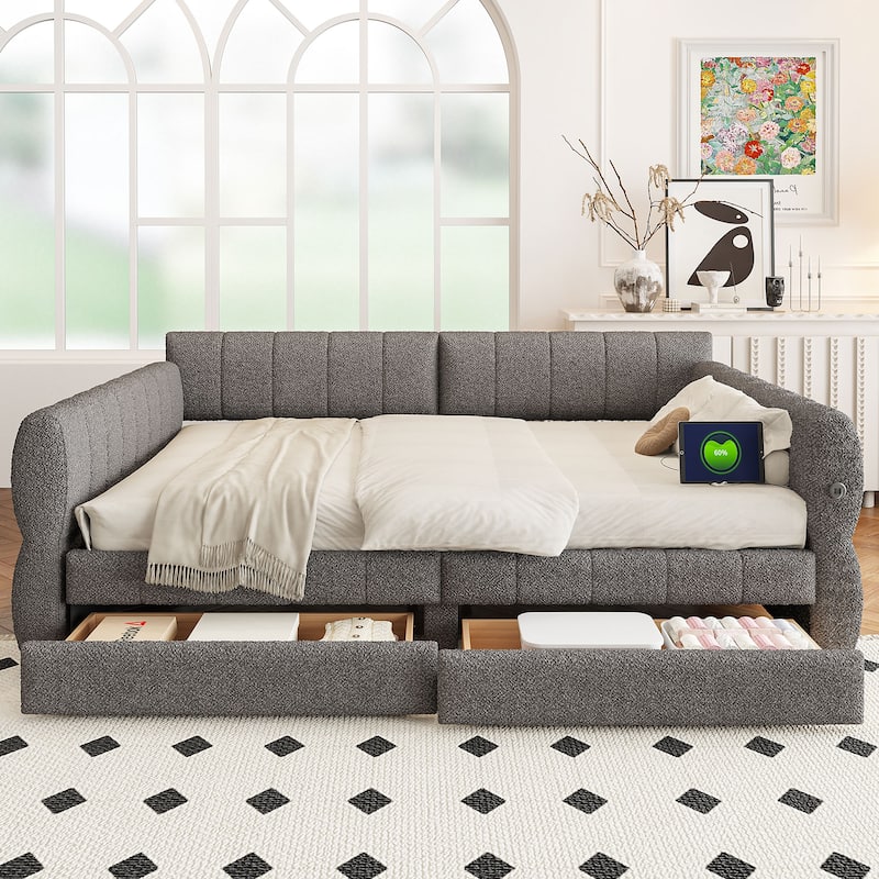 Queen Size Upholstered Platform Bed with USB Port and 2 Drawers, Wood Daybed Frame with Backrest Design, No Box Spring Needed