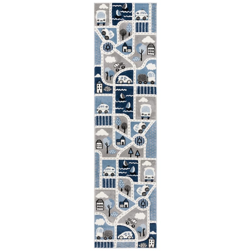 SAFAVIEH Carousel Kids Lumnie Neighborhood Rug - 2' x 8' Runner - Grey/Blue