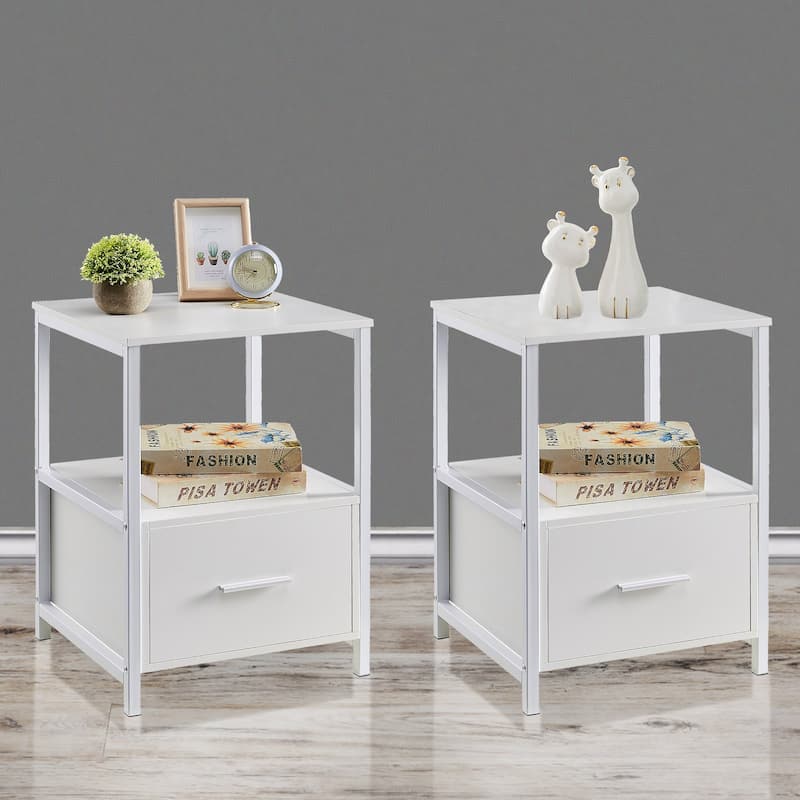 VECELO Nightstand Set of 2 Modern 2 Pack Square Metal End Side Table Open Shelf & Drawer Storage for Bedroom Living Room - White