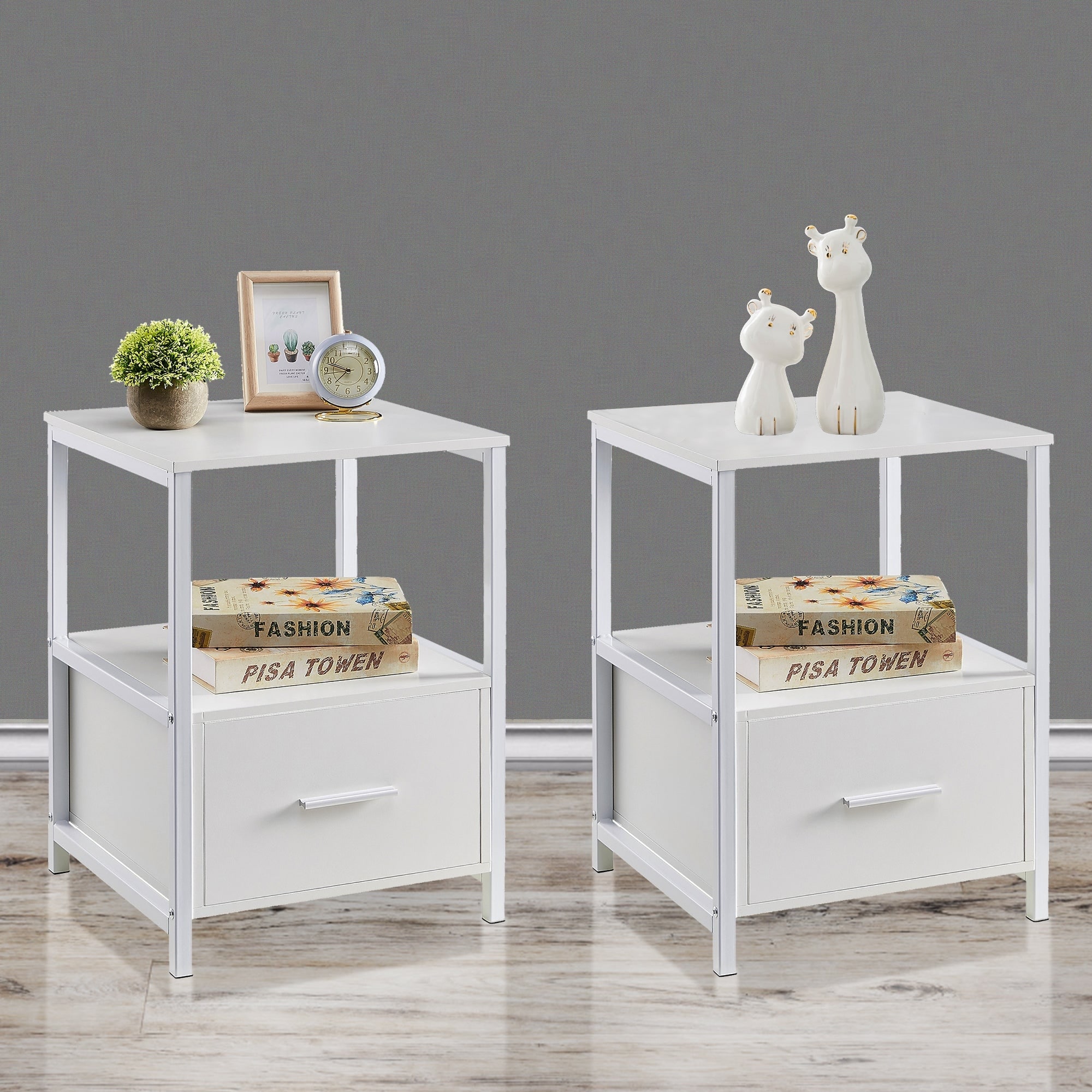 VECELO Nightstand Set of 2 Modern 2 Pack Square Metal End Side Table Open Shelf & Drawer Storage for Bedroom Living Room