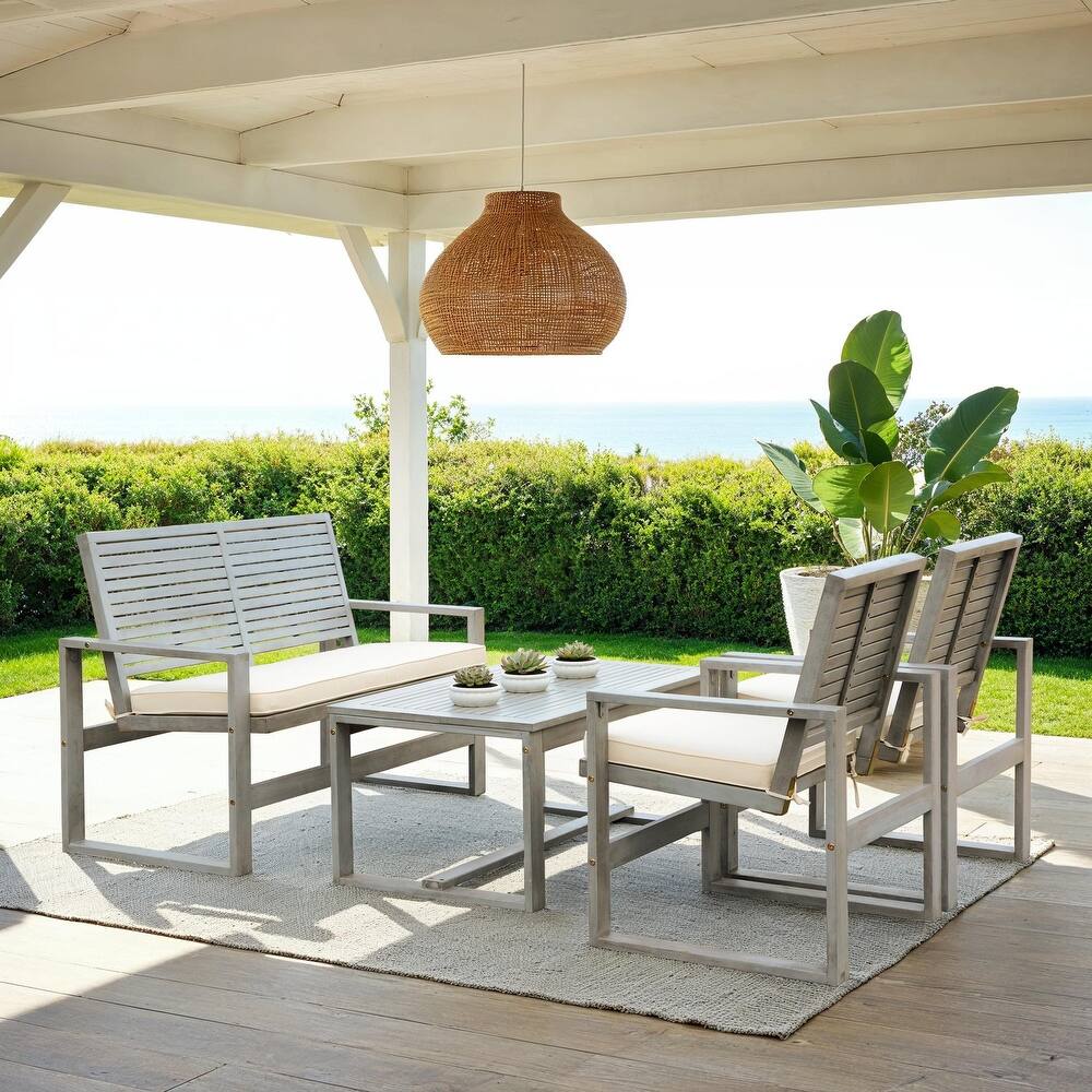 SAFAVIEH Outdoor Priama Acacia Wood 4-Piece Patio Set - 43"W x 23"D x 34"H