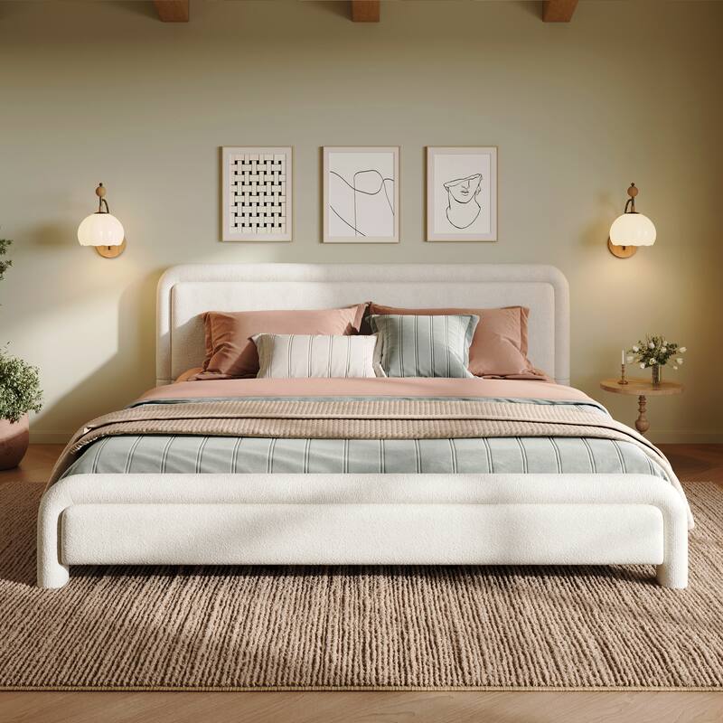 Christopher Knight Home - Boucle Upholstered Platform Bed Frame with Curved Headboard