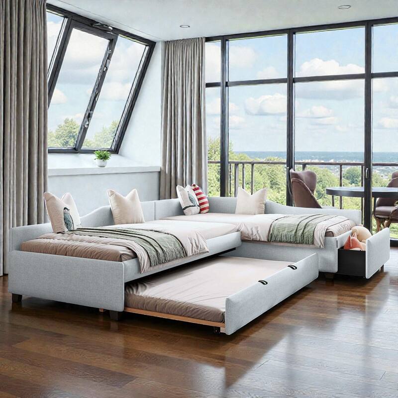 Upholstered Twin Daybed with Trundle and Drawer, Double Twin Linen Sofa Bed No Box Spring