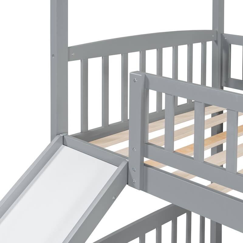 Twin Over Twin Bunk Bed with Slide, House Bed with Slide, Gray