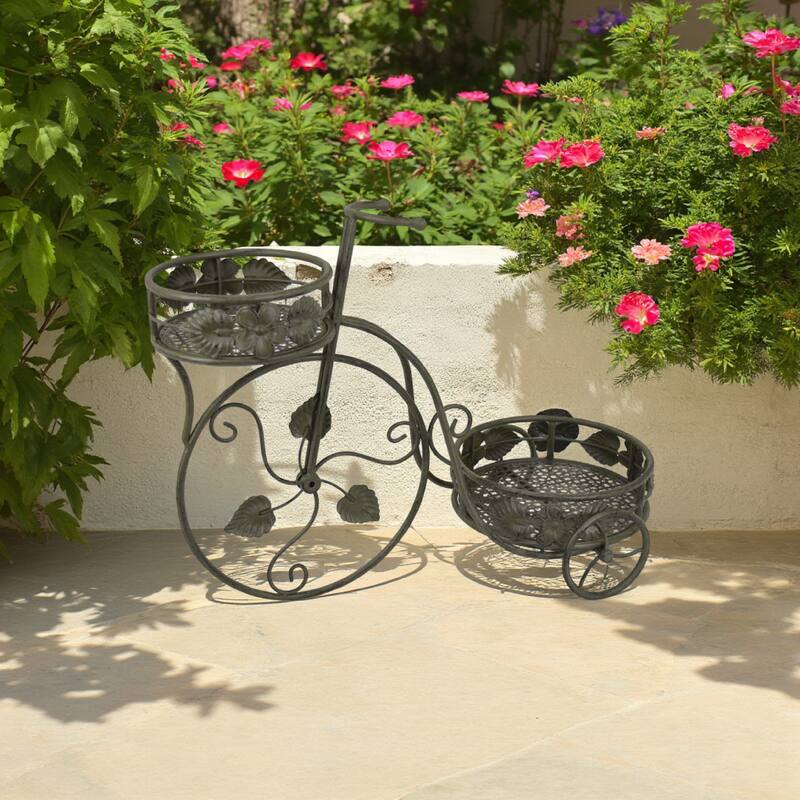 Covey Accent Plant Stand Tricycle, 2 Round Pots, Green Metal 22 Inch