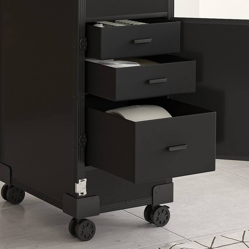 Portable Nail Art Table w/ LED Mirror, Bluetooth, Lockable Drawers, Telescopic Pole - Folding Manicure Station for Salons