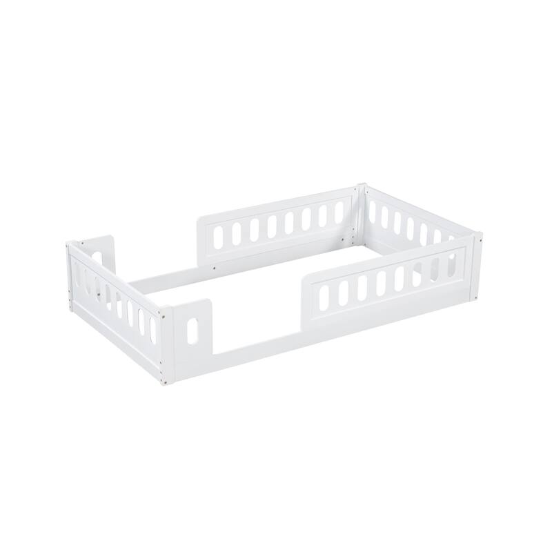 Solid Wood Twin Size Platform Bed for Kids with Side Opening Guardrail, Low Profile Design, No Box Spring Needed