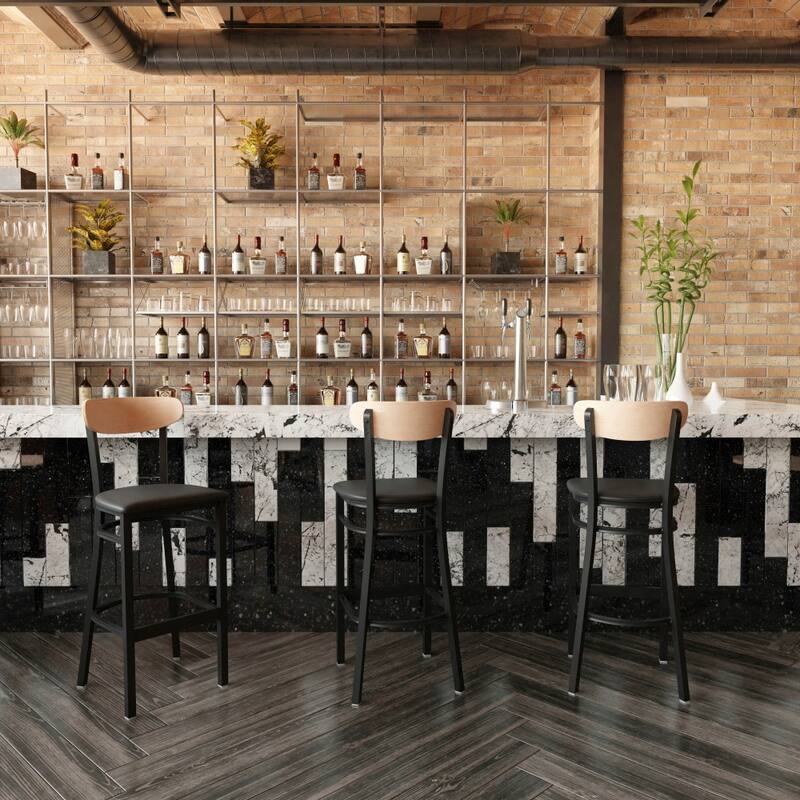 Commercial Metal Barstool with Wood Seat and Boomerang Back