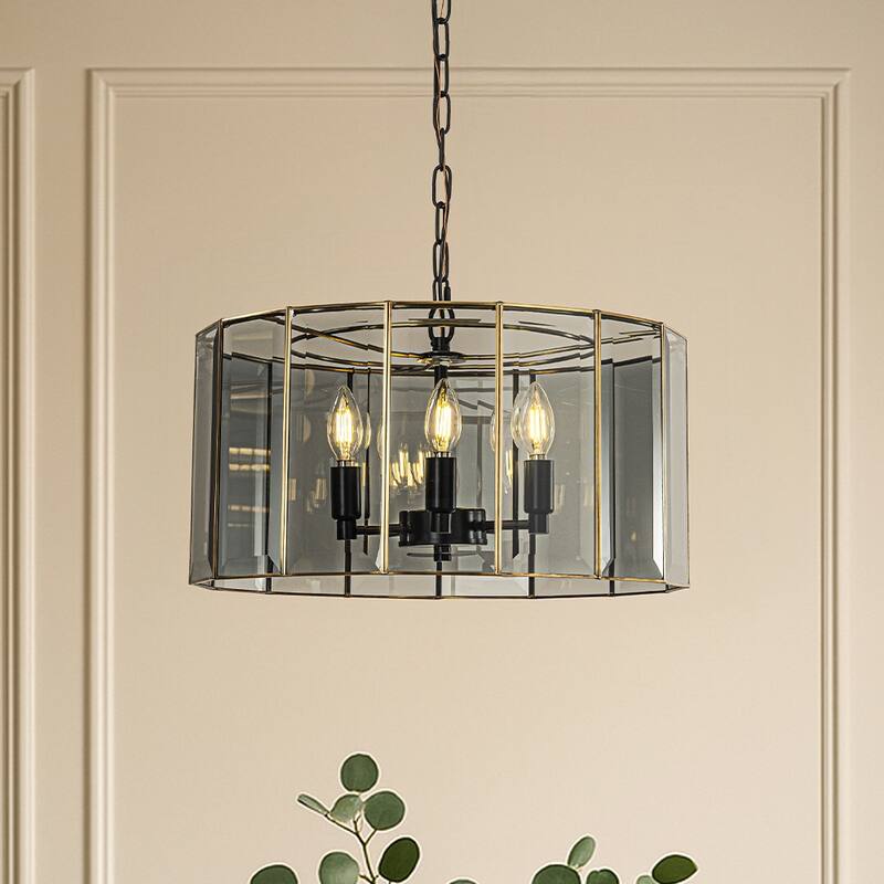 5-Light 20'' Modern Smoked Glass Drum Brass Chandelier Dimmable and Ajustable For Dining Room Living Room - W20''
