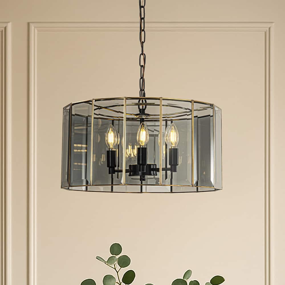 5-Light 20'' Modern Smoked Glass Drum Brass Chandelier Dimmable and Ajustable For Dining Room Living Room - W20''