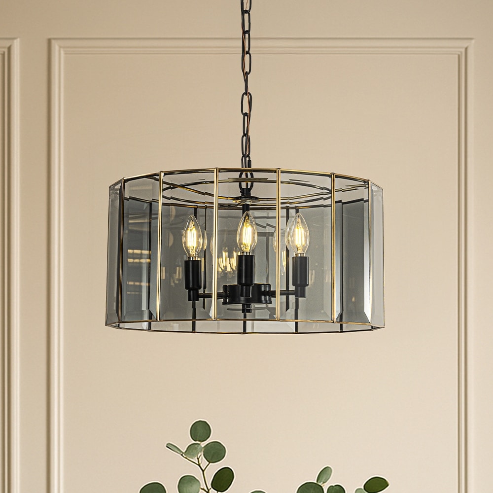 AloaDecor 5-Light 20'' Modern Smoked Glass Drum Brass Chandelier Dimmable and Ajustable For Dining Room Living Room - W20''