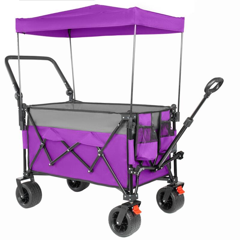 Multi-Functional Push-Pull Folding Wagon Cart with Rotating Handle & Canopy,7"x4"All-Terrain Wheels & Brakes,300L Large Capacity