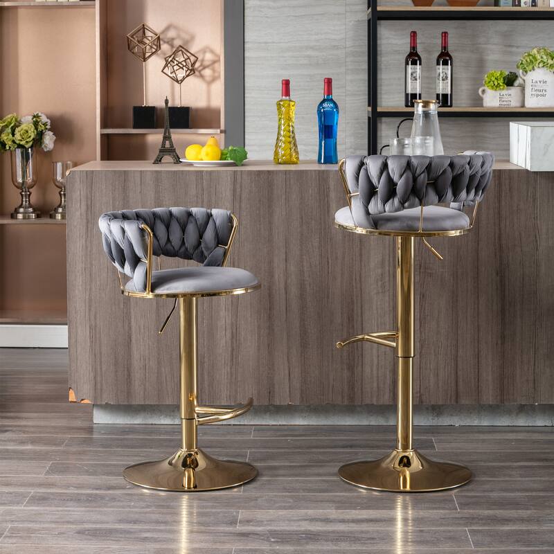 Counter Height Bar Stools Set of 2, Swivel Bar Stools with Adjustable Height, Dining Chairs with Open Back and Footrest