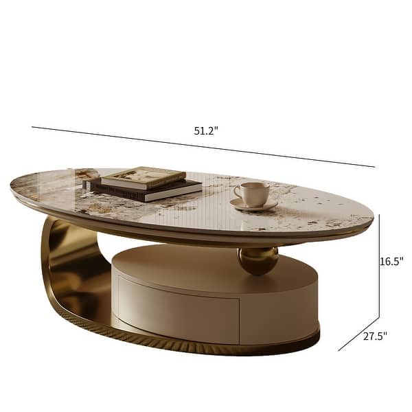 dimension image slide 1 of 3, 51" Modern Pandora Oval Coffee Table with Glossy Sintered stone top, Luxury Coffee Table, Stainless Steel Legs for Livingroom
