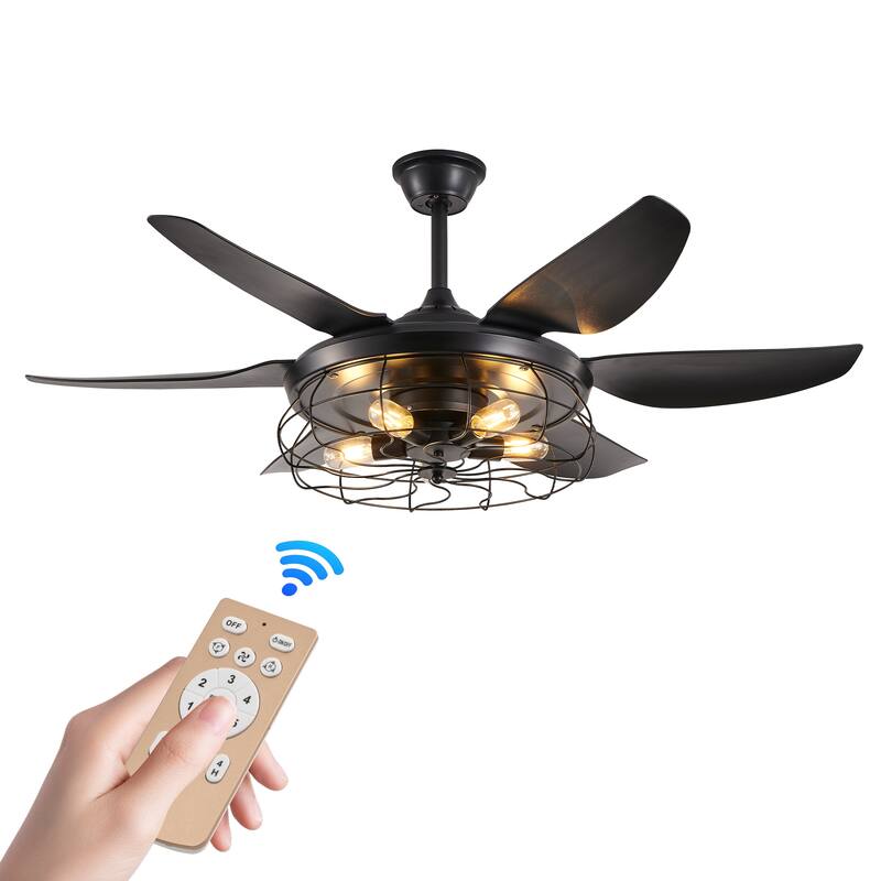 6-Speed Reversible Ceiling Fan for Bedroom Living Dining Room, 52" Industrial Cage Ceiling Fan with Light, Bulb Not Included